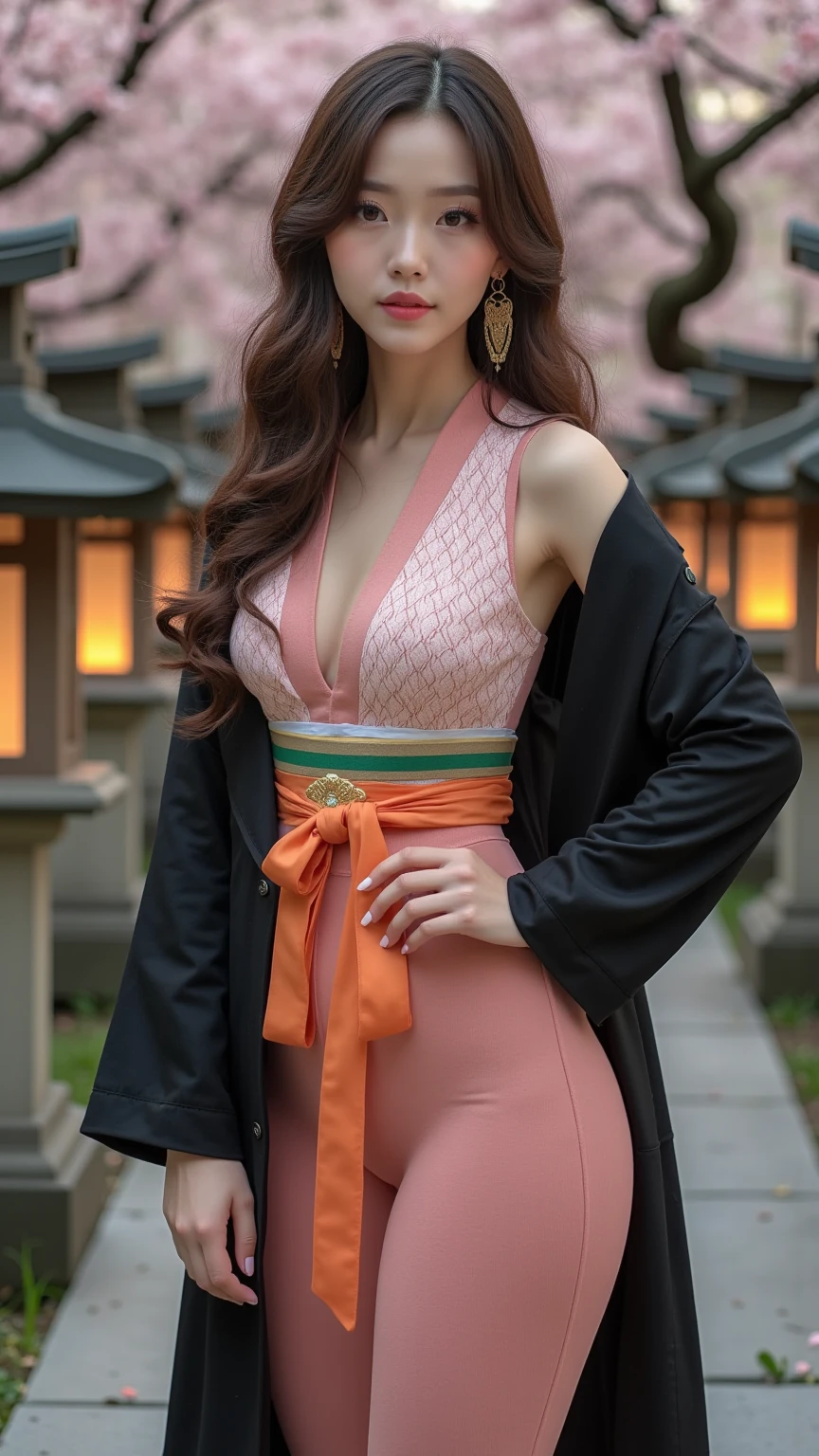 Moisturized skin, (Pink and bright eyes), (Looking down on people), Perfect body,
BREAK,
(Beautiful navel), (Side slit), (Epaulets), Cape, Crop top, Cloak,
BREAK,
(Super long hair), (Large gold and curved earrings: 1.2),
BREAK,
(((Masterpiece + Highest quality + High resolution + Very detailed))), (Full body: 1.2), Symmetrical, One shot,
BREAK,
(In the streets of Japan: 1.3),
BREAK,
(ONE PIECE), (Imada Mio: 1.4), (Boa Hancock: 1.3), ((Large snake)),