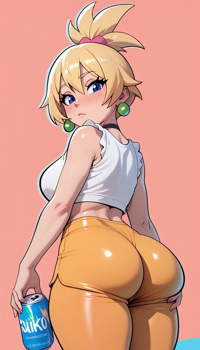 Yellow skin woman short yellow hair. Purple eyes big breasts and big butt. fat back ass. orange socks. stomach 1.90. has lingerie underwear 
