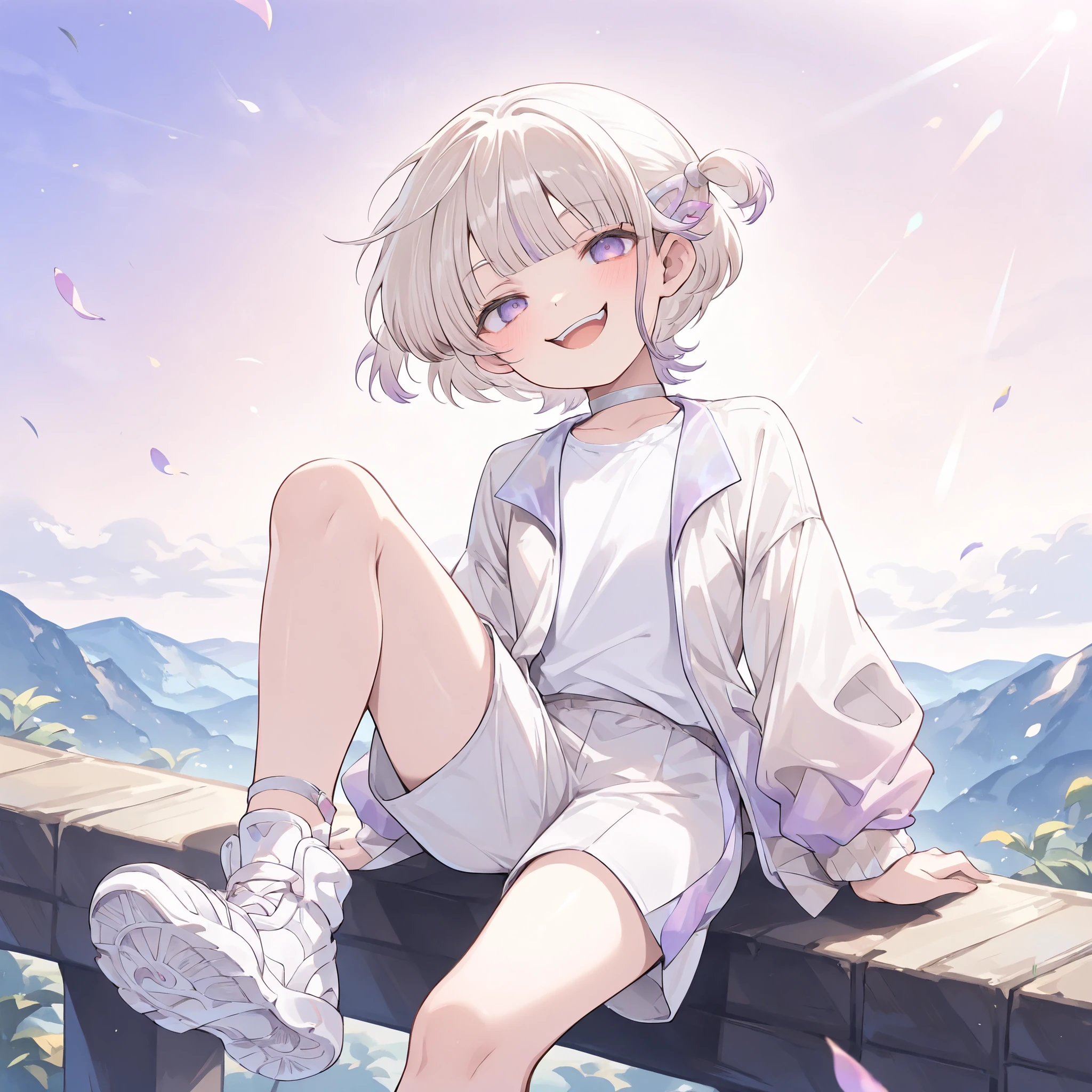 ((Todoroki hajime)), ((Masterpiece)), ((best quality, very aesthetic, absurdres, newest)), (wide shot), (detailed background), (8K), (cinematic lighting), ((1girl)), cute young girl, (Healthy body, Textured skin, small , tilt head), multicolored hair, short hair, gradient hair, pale-purple colors Hair Tip, two side up, hairclip, loose blunt bangs, (white choker, white shirt, white jacket, gradient jacket, white shorts), white sneakers, ((small )), BREAK, big eyes, (pale-purple eyes, gradient eyes, upturned eyes), (smug, open mouth, blush), loose sitting on the glassy slope, (outstretched leg, shoe sole), outdoor, subtropical rainforest, beautiful Mountain Landscapes, Tranquil Place, petals, TodorokiHajime,