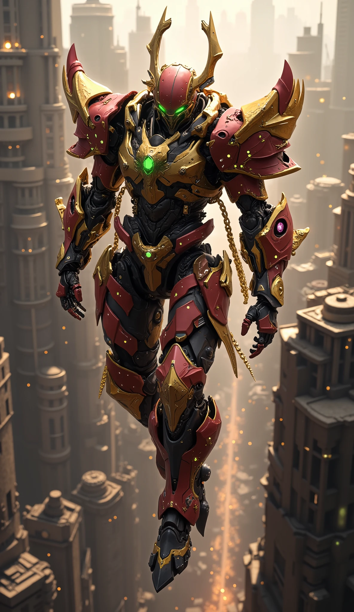 A hyper-detailed, full body concept art of a Biomimetic Humanoid Mecha, designed in a 'Cyber-Samurai Biopunk' aesthetic. The male Mecha features glowing green eyes, fully enclosed shoulder guards, and matching arm and leg guards inlaid with luminous gemstones. Its organic biotech armor masterfully balances heavy protection with agile forms, presented in a striking color scheme of metallic Gold and Crimson Red, accented with Obsidian Black and Bright White. The armor itself emanates a powerful, internal glow. The Mecha is depicted floating majestically high above a vast, intricate futuristic sci-fi megalopolis under cinematic lighting. The art style should be exquisite, mature, and professional, with ultra-fine painting details, dramatic lighting, and metallic textures. Emphasize anatomical correctness, a symmetrical face, and extremely detailed eyes. Rendered in stunning 32k UHD, RAW photo quality, highlighting creativity and perfect anatomical structure.