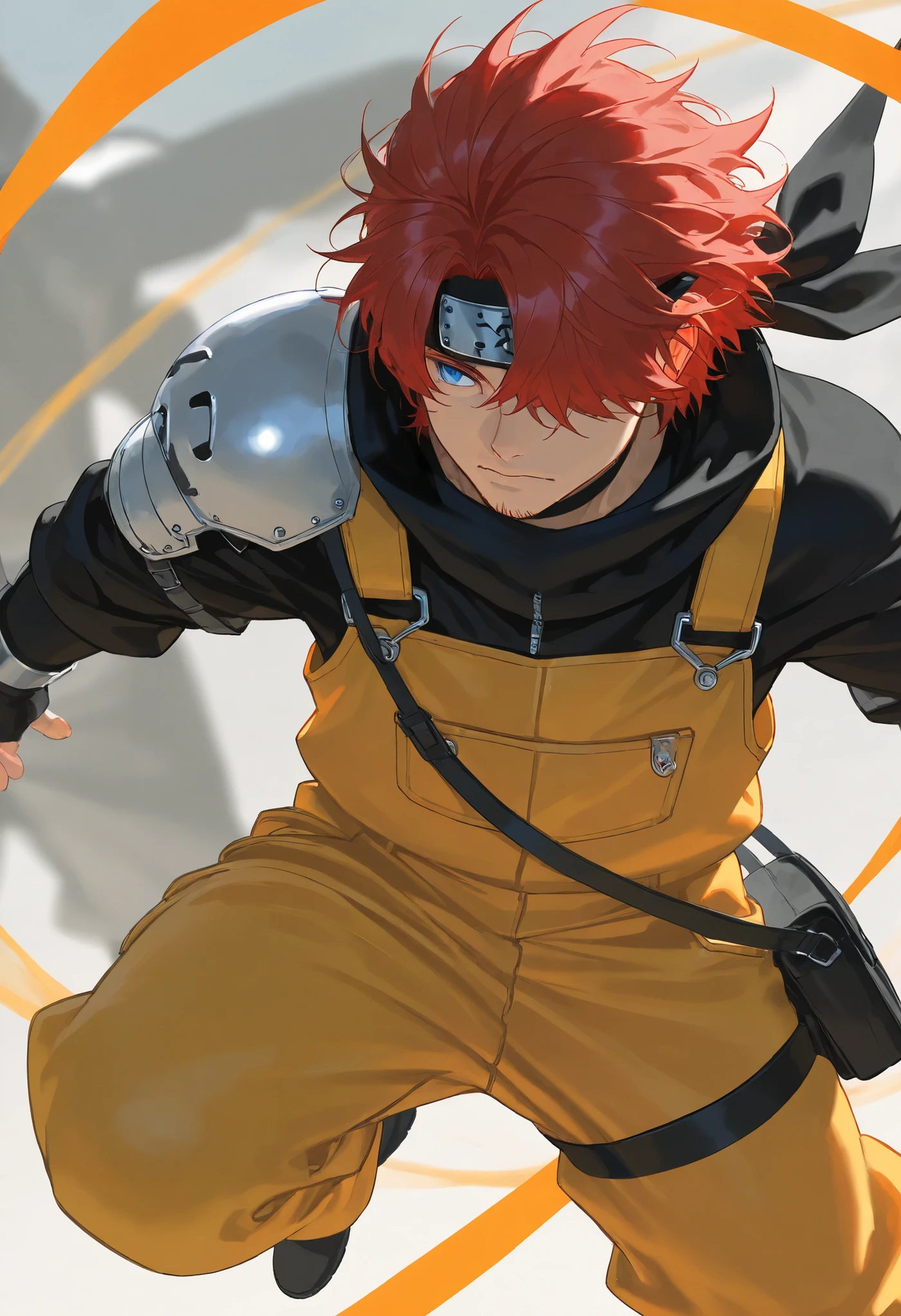 score_9, score_8_above, score_7_above, score_6_above, \(quality\), 1male, long red hair, tied tuck, fluffy hair, hair over eye, blue eyes, taller frame, mature male, wearing a orange and yellow overalls, oversized baggy pants, ninja bandana on the shoulder, Colored_NarutoManga_ownwaifu