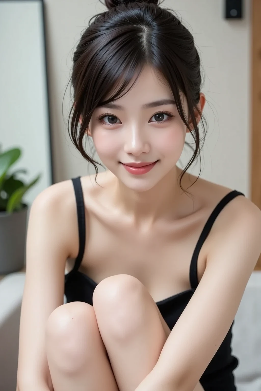 ulzzang-6500-v1.1, (RAW photo:1.2), (photogenuineistic), ( genuine: 1.4), highest quality, 超High resolution, original photo, (bedroom at night), 1 girl, black eye, look at the audience, cute smile、long hair, light makeup, lips, small ears, (leotard:1.3)、(super realistic pantyhose:1.2), sitting on the bed,, slim, neat, garden, (very kind smile:1.2)、huge file size, High resolution, very detailed, highest quality, [masterpiece:1.6], An illustration, very detailed, ticker, small details, highest quality, 8k wallpaper, movie lighting, 1 girl, 17 years old, perfect body shape, cute droopy eyes beautiful big eyes、peck your finger, ((muste piece)), highest quality, 1 girl, eye shadow, upper body whole body, people々photo shoot, (full body shot:1.4)、