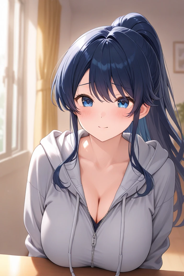 ((masterpiece, best quality, highres, UHD, perfect pixel, depth of field, 4k, RTX, HDR)), 1girl, single, solo, beautiful anime girl, official art, beautiful artstyle, anime character, ((long hair, parted bangs, black hair)), (rounded eyes, beautiful eyelashes, realistic eyes), (detailed face, blushing:1.2), (smooth texture:0.75, realistic texture:0.65, photorealistic:1.1, anime CG style), medium breasts, cleavage:0.9, pov, looking to viewer, perfect body, (pov, close up), (white sweater, cardigan), ((black skirt:1.5, plaid skirt stocking, panties)), embrassed, indoor, bedroom, room window