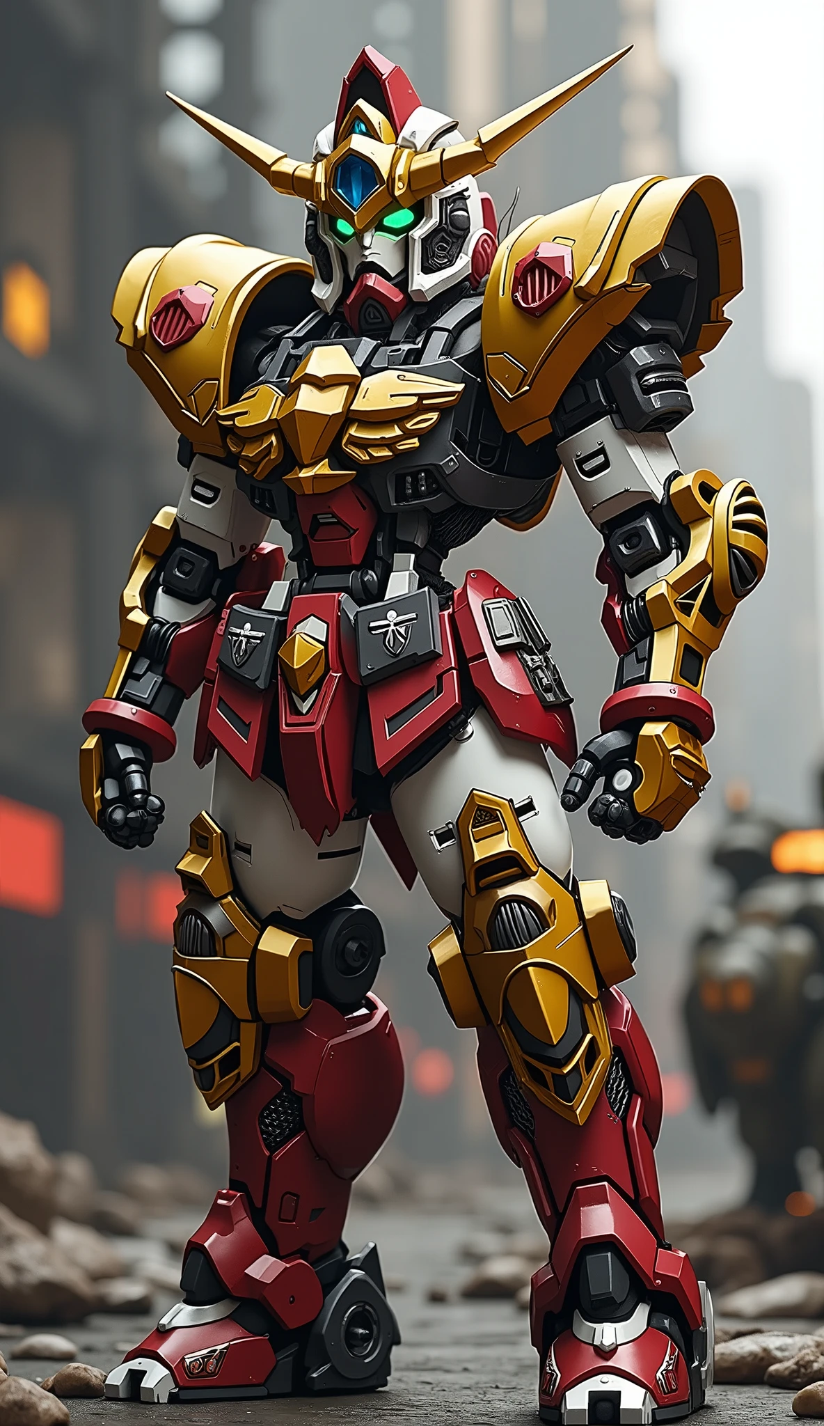 (masterpiece:1.5, best quality:1.5, extremely delicate:1.5), ((male:1.5)), Biomimetic humanoid Mecha, green eyes, fully enclosed shoulder guards, matching arm and leg guards, gemstone, full body, full armor, the design balances heavy with agility, organic biotech armor, (the color scheme is primarily Golden and Red with Black and White accents, concept Inspired by Lion, glowing eyes, the armor glows), standing, floating high above the futuristic sci-fi city, a finely crafted Super robot in anime style, exquisite and mature art style, metallic, dramatic, high definition, highres, ultra-detailed, ultra-fine painting, professional, anatomically correct, symmetrical face, extremely detailed eyes and face, high quality eyes, creativity, RAW photo, UHD, 32k, Natural light, cinematic lighting, (masterpiece-anatomy-perfect:1.2)