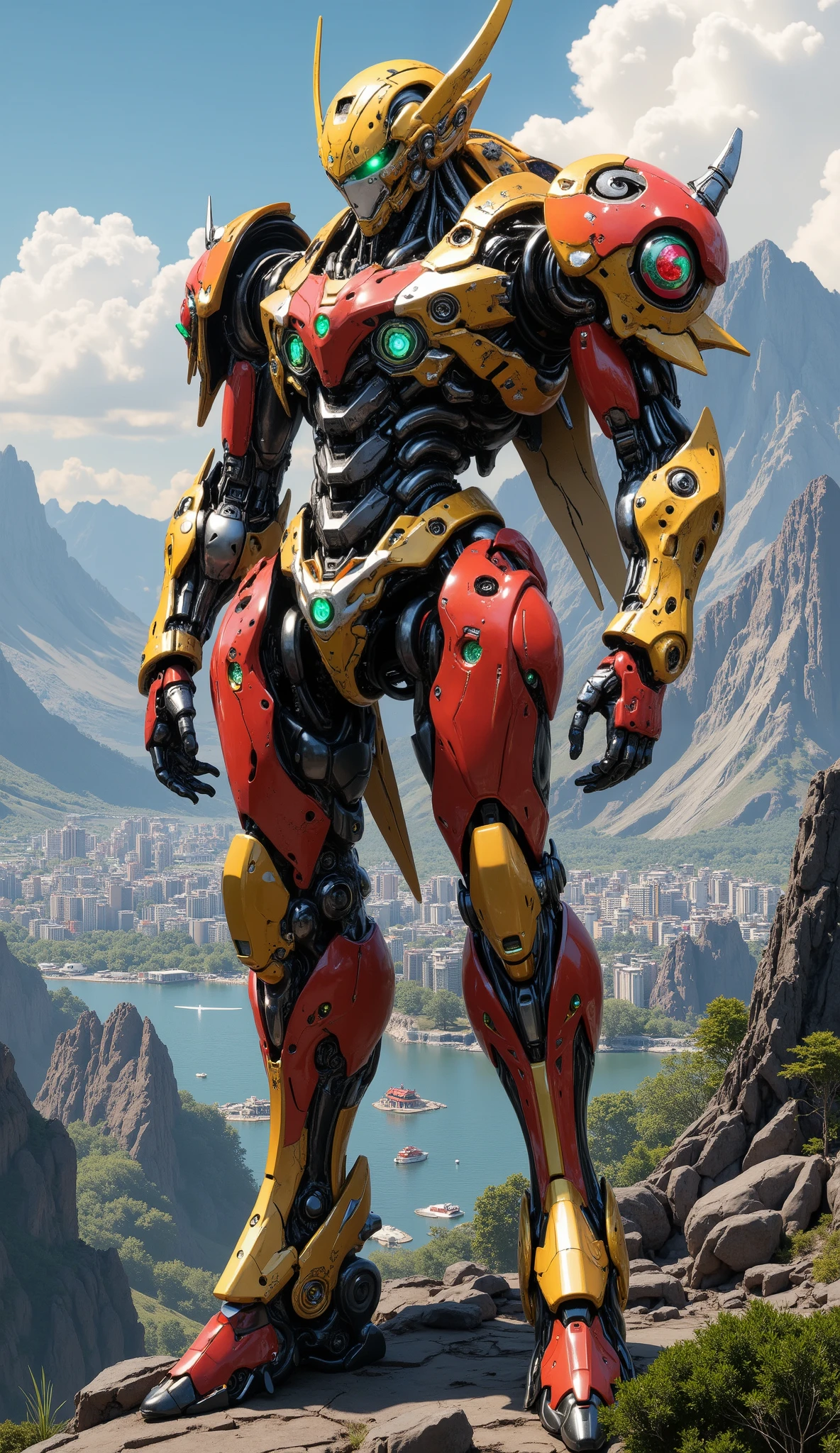 Masterpiece, best quality, extremely delicate digital art. A male-presenting Biomimetic Humanoid Mecha, a Super Robot inspired by Samurai concepts, featuring luminous green eyes. It's clad in full, organic biotech armor—predominantly golden and red with black and white accents, embedded with gemstones, and emitting a soft glow. The armor design balances heavy defense with agile capabilities. The Mecha is full-bodied, standing and floating high above a vast, futuristic sci-fi city. Art Style: 'Cyber-Kinetic Impressionism'. This style combines the fluid, dynamic energy of advanced mecha anime with the rich textures and dramatic lighting of Baroque oil paintings, all rendered with the crisp precision of hyperrealistic digital art. Metallic surfaces gleam with complex reflections, energy effects possess a tangible luminescence, and the overall atmosphere is one of epic grandeur. Focus on an exquisite and mature aesthetic, ultra-detailed, with professional execution. Ensure anatomically correct form, a symmetrical, extremely detailed face, and captivating, high-quality eyes. The image should evoke the raw detail of a UHD 32k photograph, imbued with cinematic lighting and boundless creativity.