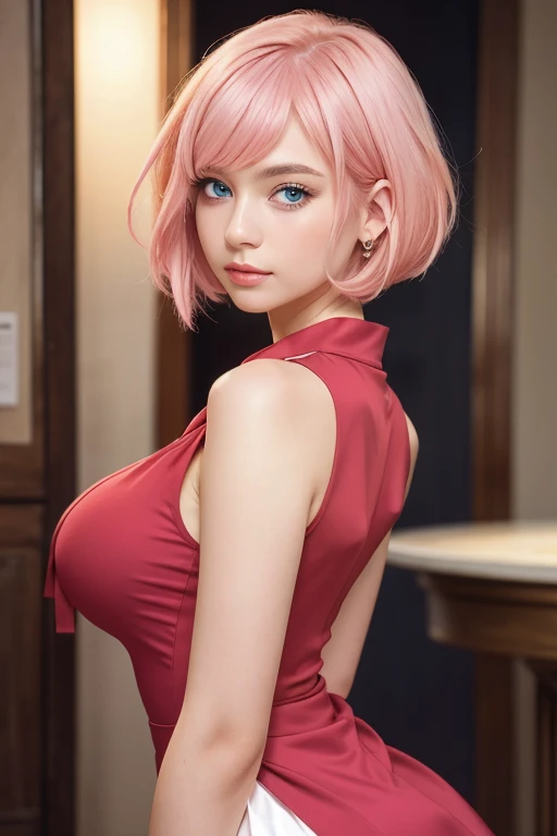 1girl in red tight dress that bares the middle of the head., short pink-blond hair ,light bokeh effect, anime color, cute elegant pose, attractive pose, gorgeous face and figure, light soft, medium long body shot ,elegant pose ,beautiful belly breast, large breasts