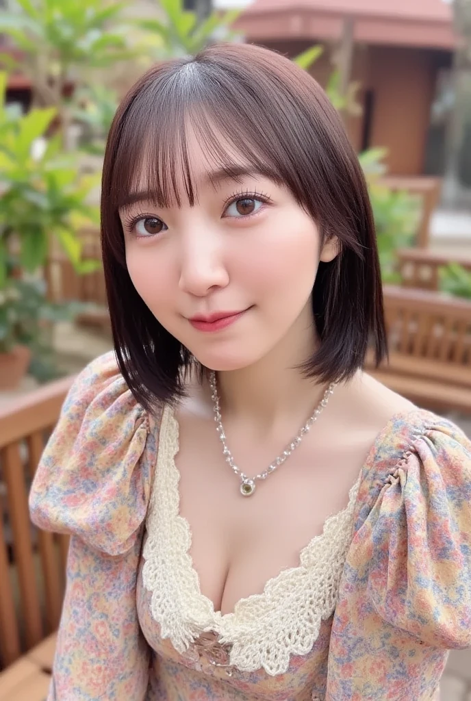 Colorful flowers bloom in the background、Outdoor Photography、Lens flare、((Reduce the volume of your hair、laugh、Curly Hair、Shiny Hair、Light coming from behind、Beige Hair、Elegant hairstyle、Curved waist、Do not show cleavage、Beige summer knitwear、Cute Mini Skirt、Loose perm、belt、Large Breasts:1.4.))、Medium Short Hair、Silver necklace and small silver earrings :1.4))、Full body photo、Toothy smile、 Caustics、Highly detailed photos、Very beautiful woman 、Ample breasts、No makeup、(8k、RAW Photos、Highest quality、masterpiece:1.2)、(Realistic、Realistic)、1 girl、((Medium Short Hair、Blur the background、Looking into the camera:1.4))、