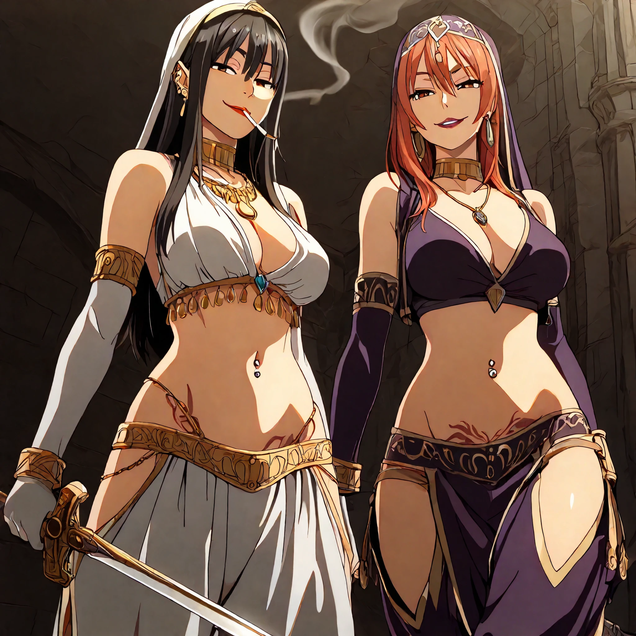 2girl, two girls , long hair, mature female, makeup, eyelashes, blush, lipstick, Hot girl, baddie, staring, glaring, bad attitude, mean girl, dare, angry, hate, crazy, smoking, sensual, attractive, masterpiece, best quality, highly detailed ,glint,halterneck,gold_choker, complex detailed background,
inside, stone wall, ancient interior, ancient egyptian room, hieroglyphs, dark lighting, dark
atmosphere, (cowboy shot), holding a sword, sword, belly_chain,harem_outfit,navel, necklace,
pelvic_curtain,revealing_clothes, veil,masterpiece,best quality,1girl,mature,evil smile, smile,
female,mature,necklace,pendant, exposed belly, exposed navel, exposed
midriff, exposed lower belly,