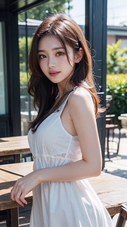 An innocent 16-year-old girl、((Random color off-shoulder blouse,skirt,Dramatic Pose)),Cute face,Bright Eyes,Tear bags,A shy smile,Shortcuts,Cafe Background,RAW Photos, (8k、highest quality、masterpiece:1.2)、(Intricate details:1.4)、(Realistic:1.4)、Octane Rendering、Intricate 3D rendering Super Detailed, Studio Soft Light, Rim Light, Crisp details, Super Detail, Realistic skin texture, Detailed aspect, Beautiful details in the eyes, Highly detailed CG Unity 16k wallpaper, compensate, (Detailed Background:1.2), Shiny skin, whole body、Drawing from head to toe、Cleavage,((Bend your knees and squat,M-shaped feet:1.5))