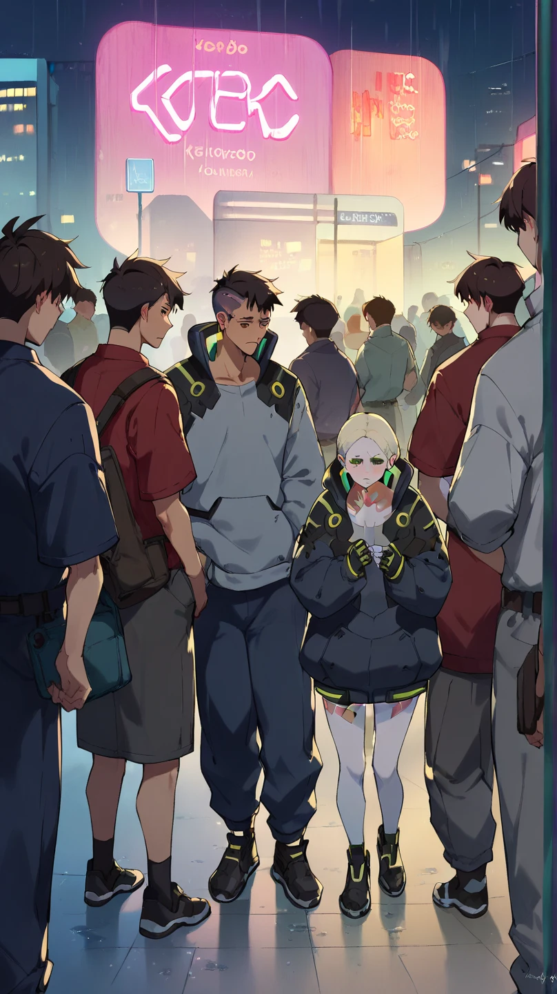 Rebecca from cyberpunk,night ,neon light , In a crowd of people, sadness, raining