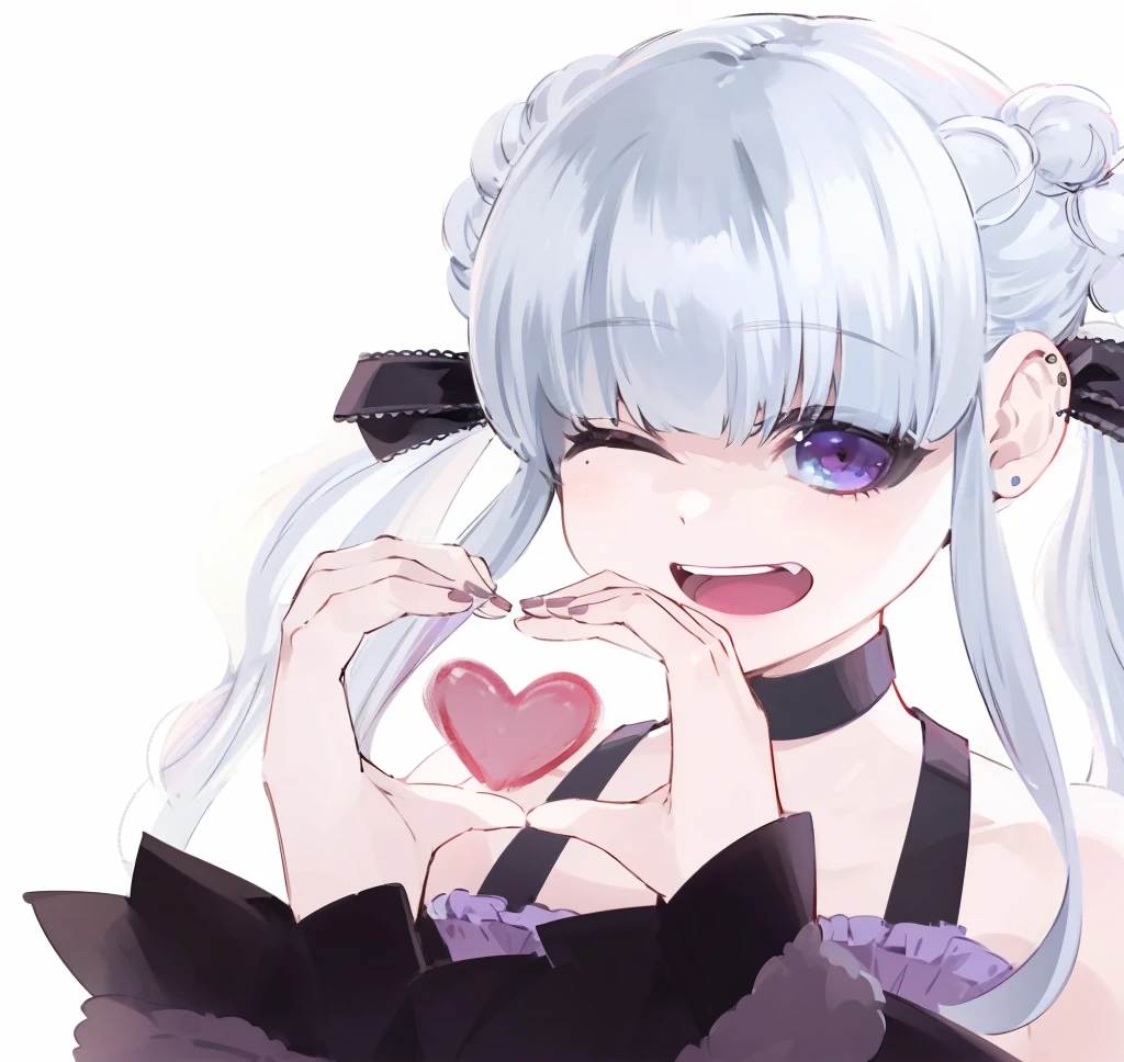 masterpiece, best quality, 1girl, gloves, solo, tongue, red background, black gloves, tongue out, long hair, elbow gloves, bangs, puffy sleeves, open mouth, grey hair, short sleeves, looking at viewer, hands on own face, upper body, blunt bangs, puffy short sleeves, colored tongue, heart, black dress, dress, hands on own cheeks, red eyes, facial mark, crown, simple background, tattoo, string, teeth, halftone