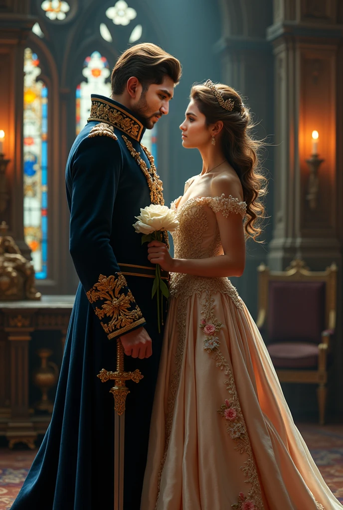Create a highly detailed illustration of a couple at a period romance ball. A mulher deve estar usando um vestido rosa deslumbrante, com uma saia longa e volumosa, detalhes de renda delicada e uma cintura bem marcada. O vestido deve ter mangas bufantes e um decote elegante. Ela deve ter cabelos castanhos, presos em cachos suaves e adornados com uma tiara delicada.
The man must have been wearing a military suit of the army of the time, with a navy blue coat and gold buttons, black pants and leather boots. Ele deve ter cabelos castanhos curtos, com costeletas e um bigode bem aparados. He must be wearing a military hat complementary to the uniform.
The couple should be holding hands, com os olhares fixos um no outro. They should be in a richly decorated ballroom, com candelabros de cristal, espelhos dourados nas paredes e um piso de madeira polida. Ao fundo, There must be other couples dancing and musicians playing on an elevated stage.
Be sure to include all the little details that make the illustration authentic, como joias, Luvas, Details about shoes and passionate facial expressions. Lighting should be soft, with candle lights creating a romantic atmosphere.