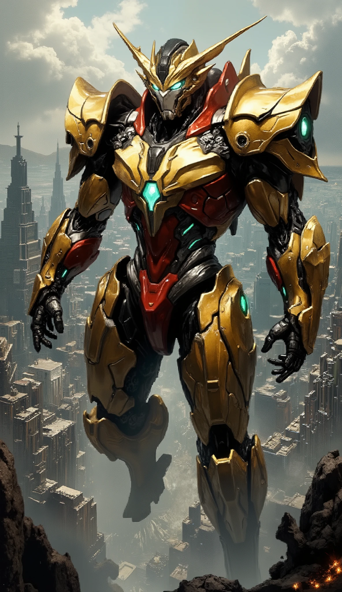 Masterpiece cinematic portrayal of a male biomimetic humanoid Mecha, drawing inspiration from a majestic lion. The Mecha is clad in full organic biotech armor, predominantly golden and red with black and white accents. Key features include piercing green eyes that glow, fully enclosed shoulder guards, matching arm and leg guards, and an embedded gemstone. The armor itself emits a subtle luminescence. Its design achieves a perfect balance between heavy, imposing armor and agile, dynamic form. The Mecha is shown full-body, standing and floating high above a sprawling, intricately detailed futuristic sci-fi cityscape.
Art Style: Hyper-Detailed Luminous Anime Realism. Imagine a fusion of classic super robot anime aesthetics with the polished realism of a blockbuster sci-fi film. Rendered in 32k UHD, emphasizing ultra-fine details, professional-grade anatomical correctness, a perfectly symmetrical face, and exceptionally high-quality, expressive eyes. The lighting should be dramatic and cinematic, combining natural ambiance with the Mecha's glow, to create a visually stunning and creative image.