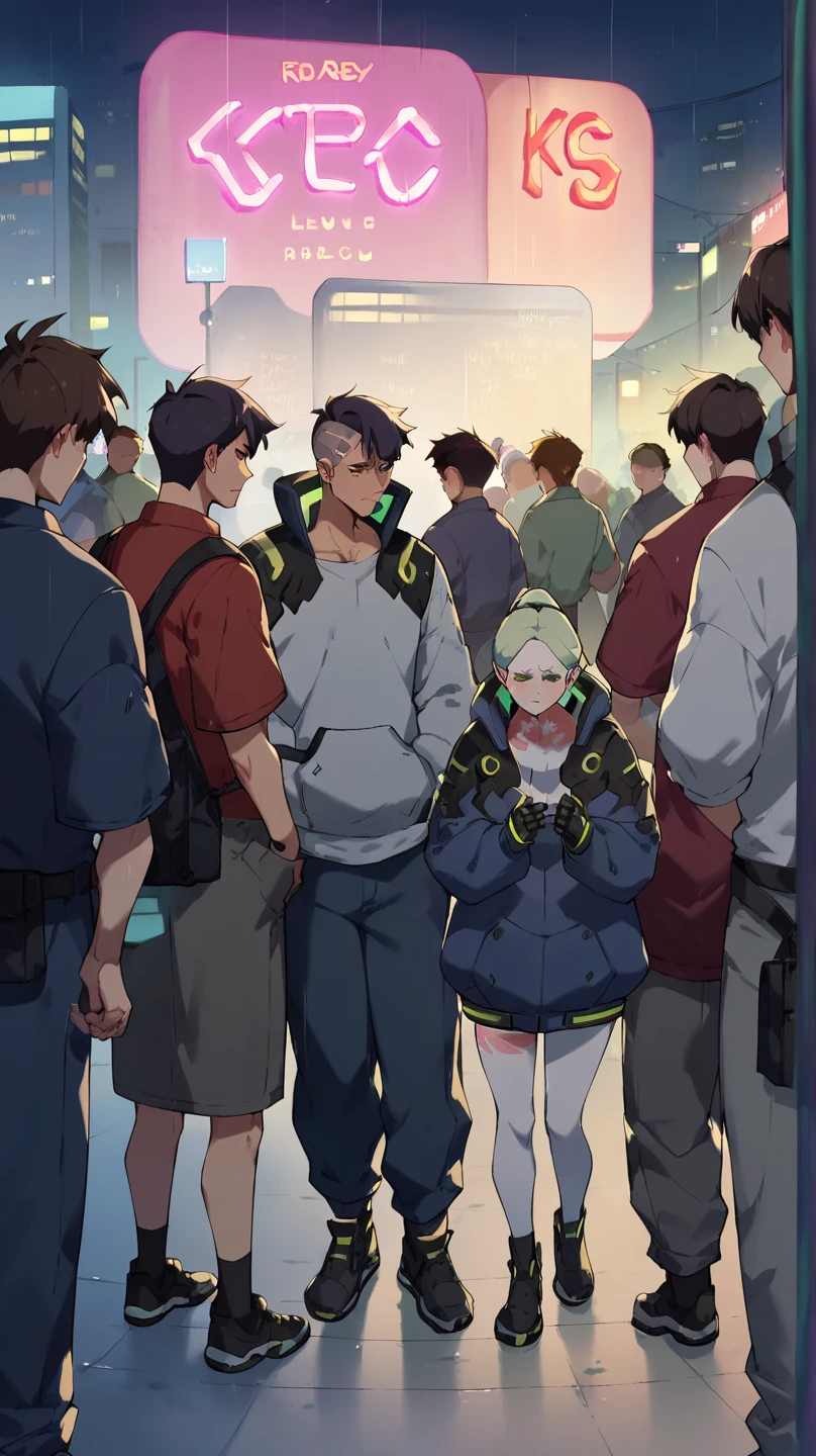 Rebecca from cyberpunk,night ,neon light , In a crowd of people, sadness, raining