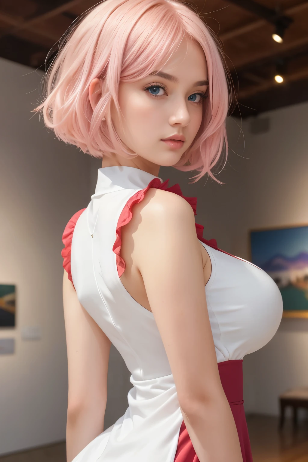 (transparent wedding dress: 1.6) (photo brut: 1.2) ((photorealistic: 1.4)) best quality, masterpiece, illustration, an extremely delicate and beautiful, extremely detailed, CG, unit, 8k wallpaper, amazing, fine details, masterpiece, best quality, official art, extremely detailed CG unit 8k wallpaper, absurd, absurdly amazing, huge file size, ultra-detailed, highres, extremely detailed, extremely detailed eyes and face, beautiful detailed eyes, light in the face, cinematic lighting, 1girl, upper body, upper body shot, see thoroughly, looking at the viewfinder, flower vault, arms behind the back, pink hair, pink edges, Mitsuri Kanroji, show 0.5