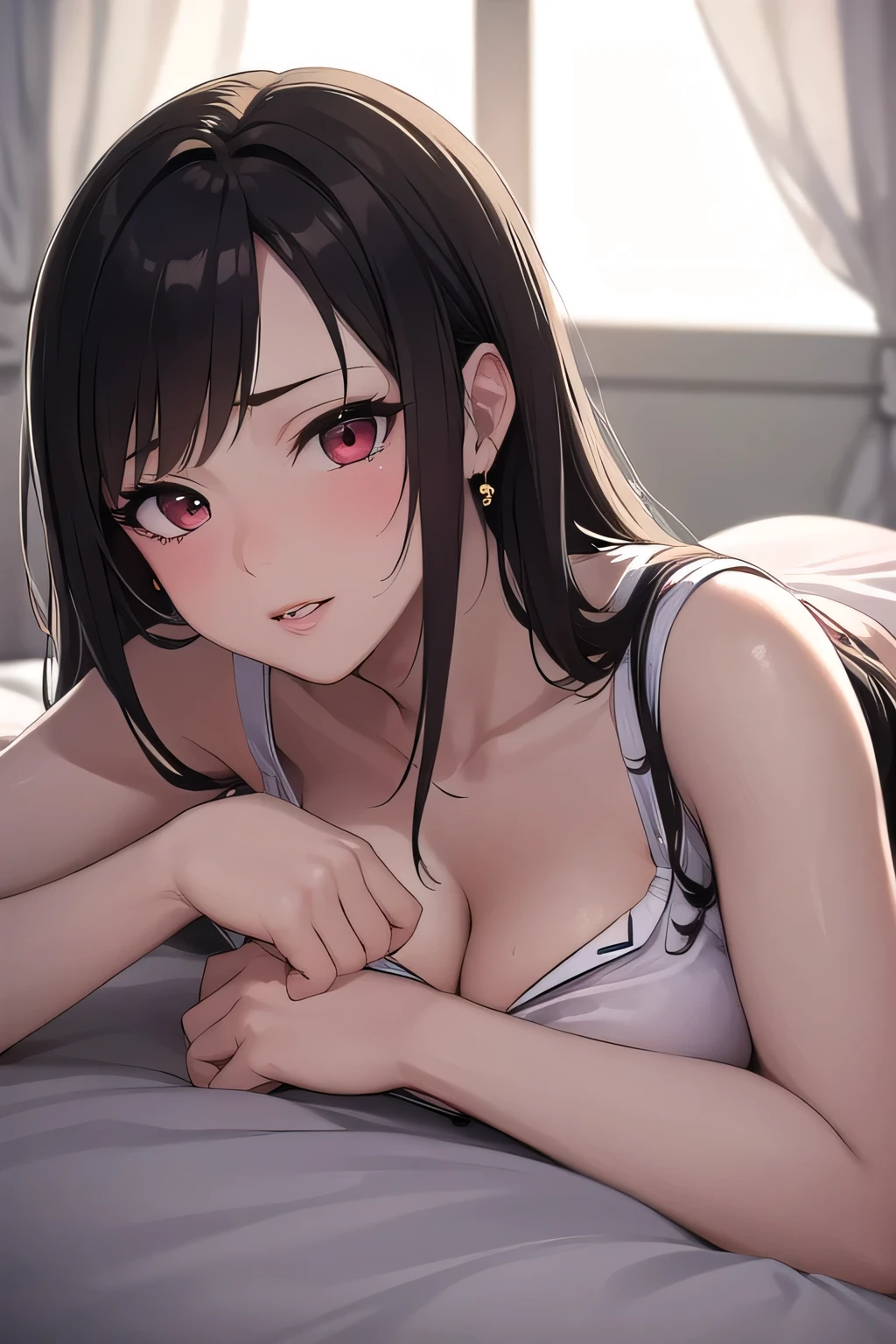 (SFW:1.8、masterpiece, Highest quality),女の子1people々, 一people々in, Absurd、現実inは捉えられないディテールと美しさ、hyper Realistic, Realistic,Realistic, whole :2,、(((Black Hair、Long Hair、She is very 美しい and cute、Beautiful long neck:1.8)))、Ideal body type、Beautiful long neck:1.6、Perfect Anatomy、people々Beautiful pads that make you feel happy:2、自然in快適な照明、((Black Hair、White hair band))、Beach、Swimwear、Shyness、Swimwearの紐が外れている、Lean back、Red eyes、Yor Briar、Laugh shyly、Eye highlights、口を手in隠す、Turn your face to the side、The strings are untied、Blushing、On the sandin仰向けになっている、Swimwearの紐は解けている、Expand your chest、Sandy Beach、Beach、Open your mouth、Squint your eyes、Sleeping on the floor、Cleavage、On the sand、On the sandin寝ている、Seaside