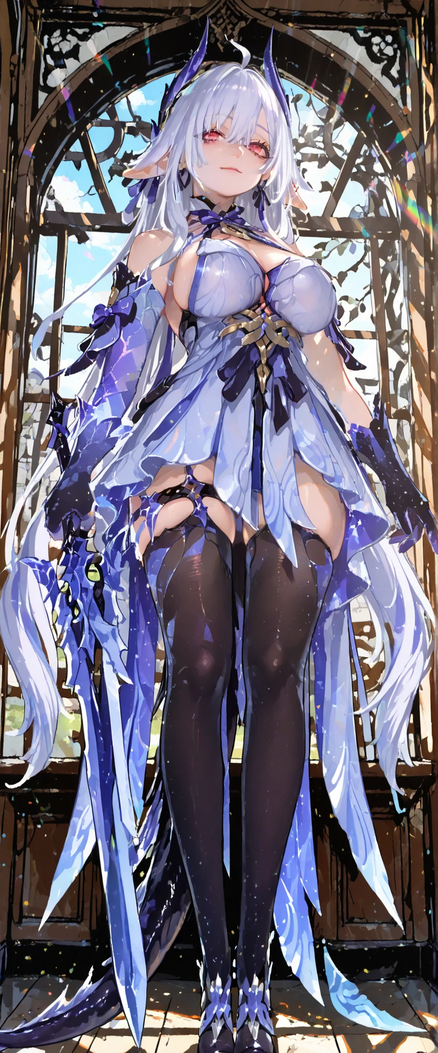 Fullbody, head to toe, score_9, score_8_up, score_7_up, source_anime, highly detailed figure,ohwx, 1girl, solo, white_hair, breasts, pink detailed eyes, hair_ornament, large_breasts, long_hair, honkai dress style, cow ponty ears, hairclip, jewelry, earrings, ribbon, long white hair with rainbow lines, ahoge, big_breasts, long legs, multicolored_hair, very_long_hair, brown_eyes, parted_lips, hair_ribbon,bare_shoulders, gloves, sleeveless, black_gloves, sideboob, fingerless_gloves, thighhighs, cleavage, dress, white dress, black_thighhighs, thigh_strap, cute dress, bandages,standing upright, looking at viewer, light smile, closed mouth, shiny skin, tight clothes, window boob dress, sunlight, cute sky background, short pelvic curtain dress, front angle, close-up, Cartethyia, Fleurdelys Wuthering Waves, reference-sheet, halo of magic glowing thorns, Two long boob curtains, showing feet long mermaid tail dress, big dragon tail, long horns, Anime sprite, ta dress style with alot of layers, skirk genshin impact, long hair, gloves, thighhighs, white hair, very long hair, hair ornament, pink eyes, upper knee only, breasts, detached sleeves, grey hair, very long hair, hair ornament, red eyes, holding sword