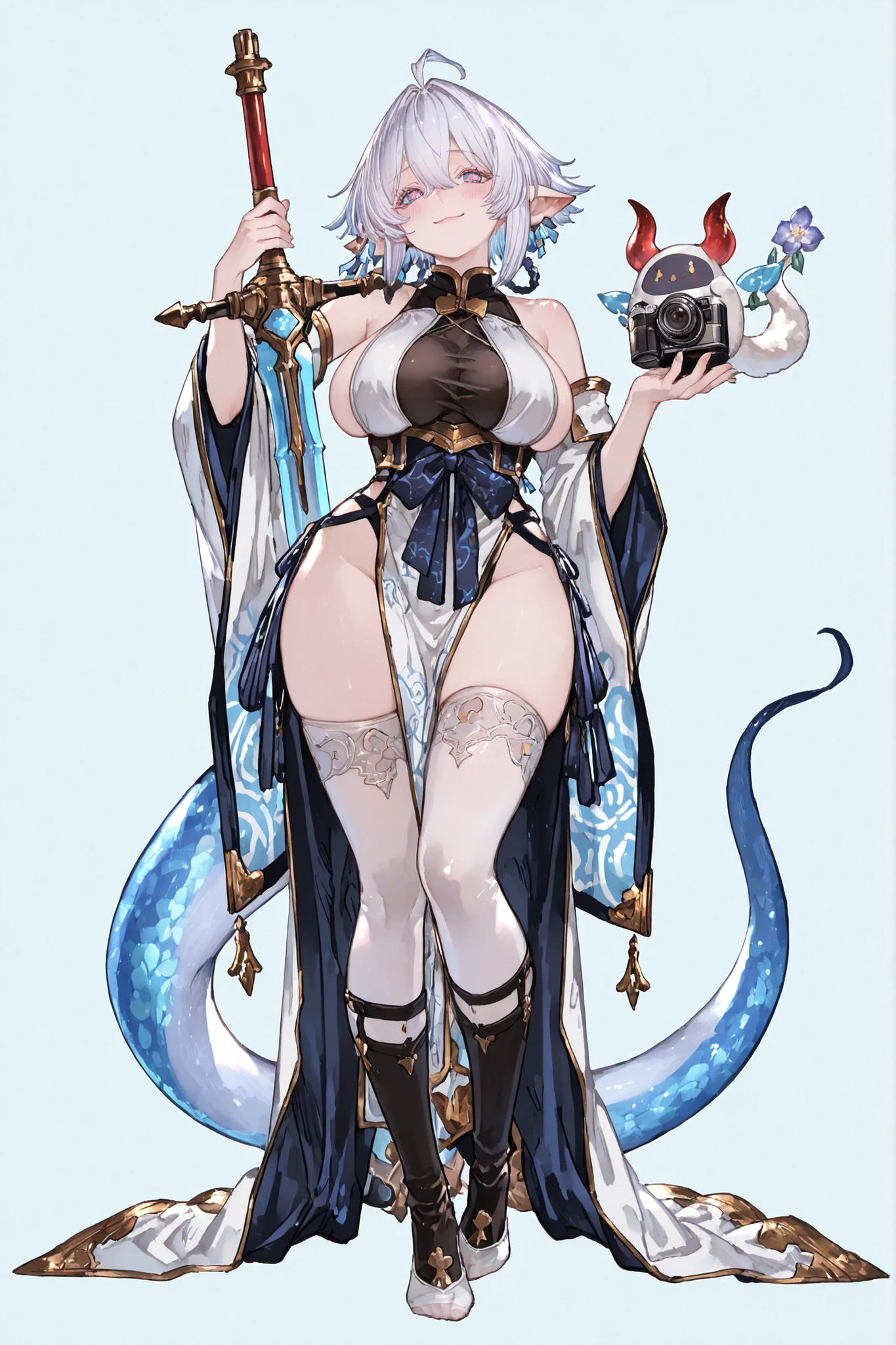 Busty female reptile, Covered with shiny blue scales. golden dragon horn,Wearing a smooth and simple golden sexy bikini robe. . .,Holding a long staff,Posture straight,Full body portrait,Expression smile,Large Breasts,Pure white background,Very Very Intricate Uterus Tattoo,