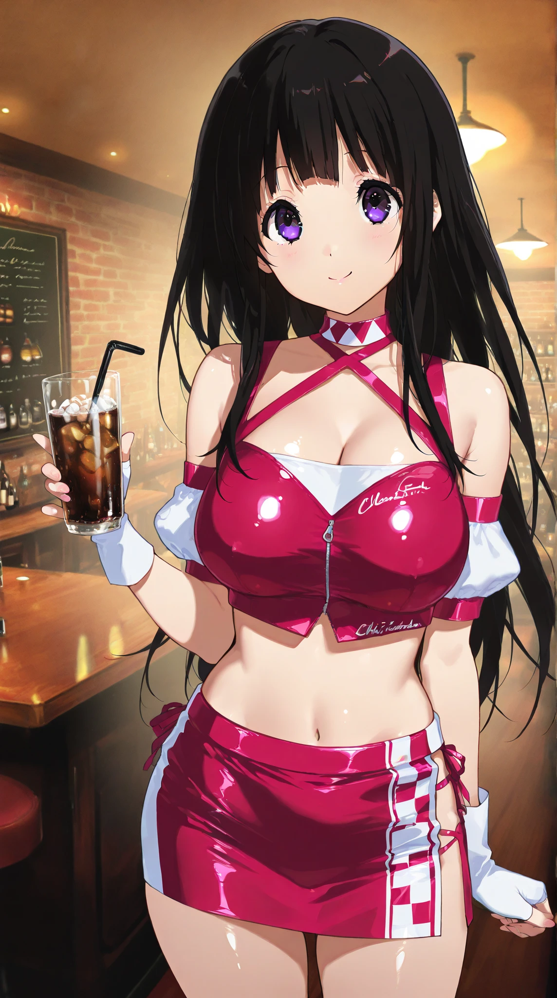 (masterpiece, top quality, detailed drawing, beautiful hair, beautiful eyes, perfect face, perfect anatomy), crowded bar, short twin tails hair, black hair, very baby face, droopy eyes, heterochromia, pink eye, orange eye, very huge breasts, 145cm tall, girl wearing big bunny ears, smiling and carrying drinks wearing big bunny ears and a tight bunny-girl outfit, smiling and serving drinks.