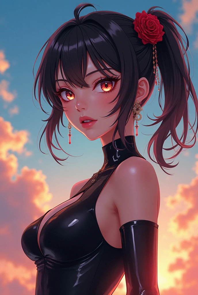 pink eyes, black hair, Official art, Unity 8k Wallpaper, Ultra-detail, Beautiful and aesthetic, masterpiece, Best Quality, (zentangle, mandalas, Tangle, Entangle), (fractal art:1.3) , 1girl, huge tits, extra thick thighs, Extremely detailed, Most Beautiful Form of Chaos, elegant, a brutalist designed, vivd colour, romanticism, Atmospheric, arms behind back, (((((anime style))))), thick body, think waist, big hips, leather and lace, gold details, gold elements, gold particles, glowing particles, sparks, ornate jewelry, liquid gold, gold waves, gold flowers, gold animals, monochromatic gold and pink color palette,  