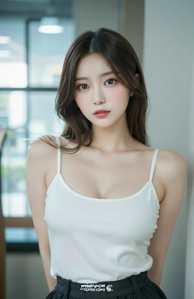 Realistic, high resolution, 1 girl, white wavy hair, Korean, heterochromic eyes, small moles under the eyes, loose white shirt, skinny denim shorts, large breasts, thighs, panties visible Masterpiece, realism