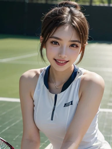 Realistic, masterpiece, highest quality, Highest Resolution, One Japan , 16 years old, Upper body photo, She narrowed her eyes...、Look at me with a shy smile, Laughing with your mouth open, How to draw beautiful and delicate eyes, (Droopy eyes:1.3), Dark Eyes, Thin eyebrows, Draw eyelashes carefully, I can see your teeth, Gal Makeup, (Brown and white wavy hair with white mesh, Long Hair, middle part:1.3), (Hidden eyelid wrinkles:1.3), Wear tennis wear, White pleated skirt, (The whole body is visible:.1.2、A is taken from diagonally below., Tennis court、Holding a tennis racket、A refreshing college student、after school、Tennis with friends、Active Scene、
