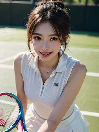 Pure Japanese tennis girl, sexual attraction, natural body, shiny white skin, wearing tennis uniforms, natural ponytail, no makeup, impressive big brown eyes, sweet smile, professional portrait photography, dazzling summer sunlight, 
