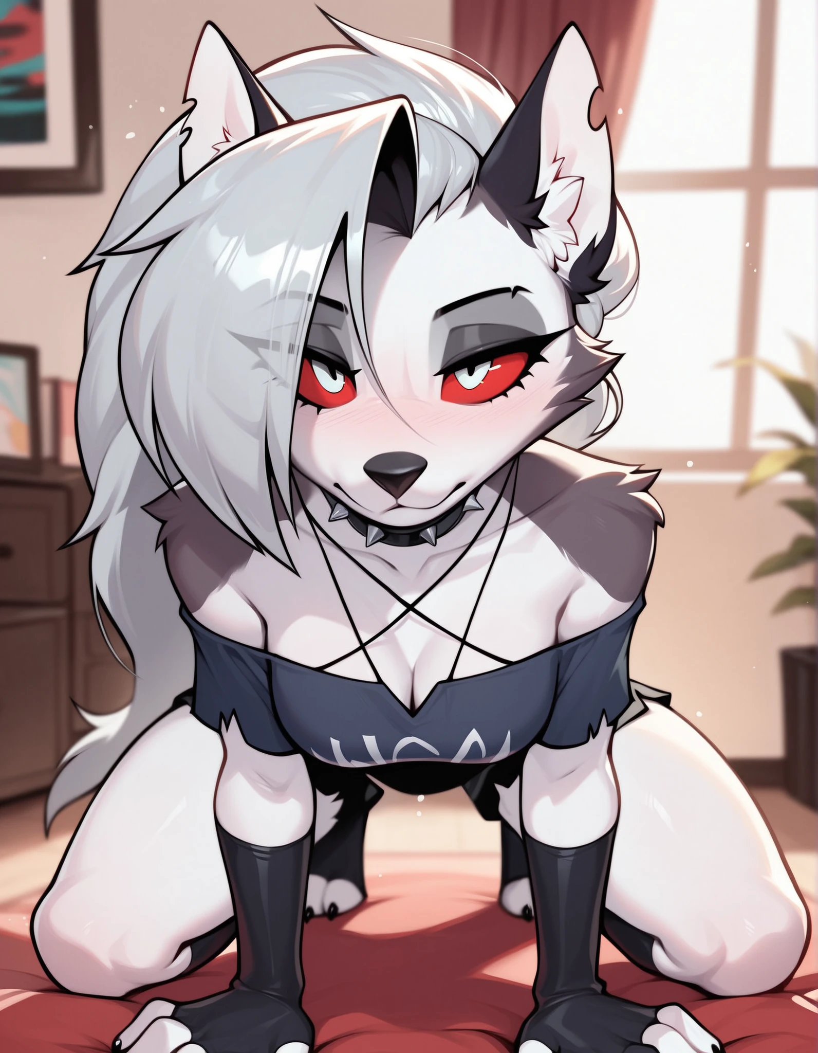 furry wolf red eyes,set, big , masterpiece, highest quality, (Kemono Art Style), (perfect anatomy), ponytail, black shirt, bottomless、sex