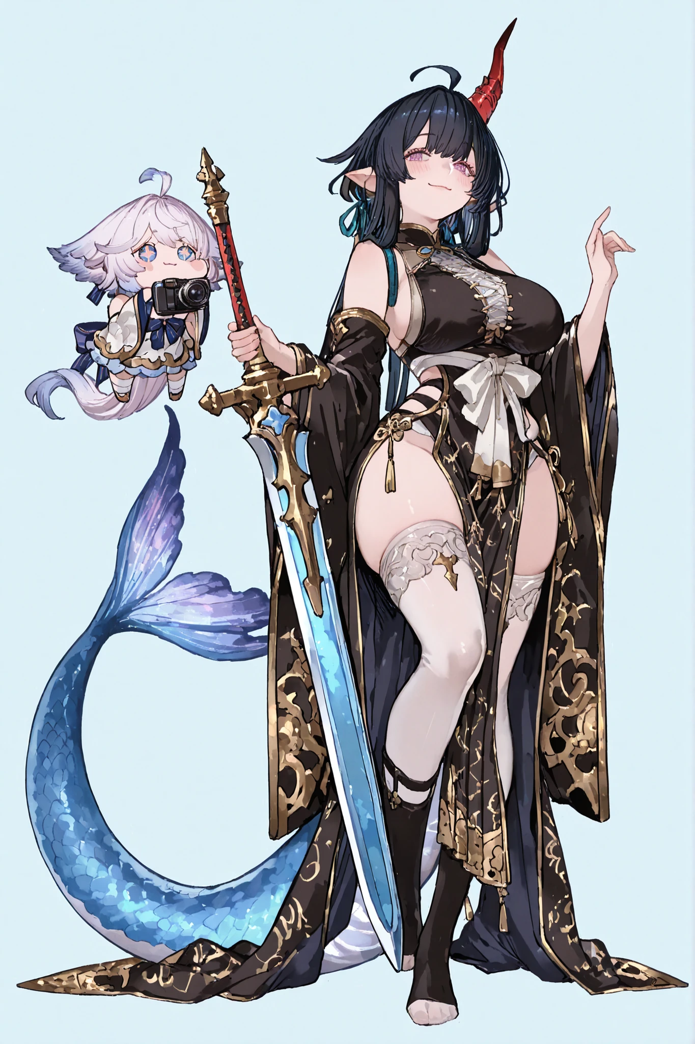 8k wallpaper、 closer up, top quality 、masterpiece、 748cm スThailandル 、 woman 1 person 、ribbon 、 pantyhose、 black knee socks 、 strap 、 Thailand、 skirt、 pantyhose、、 black hair with blue lines、pink albino eyelashes 、 long hair、 Underbob 、blue eyes with pink pupils、 Pretty pink Eyes、 wide hips、Protruding thighs 、 very big breasts 、 Light blue background 、fullbody, head to toe, simple background、smile、 high detail, standing up, making a cute pose with her hands, pointy ears, blush on her cheeks, cute Wamdus dress with alot of detail, red horn, ,facing at the camera, fullbody, head to toe, showing feet, granblue fantasy wamdus, black pelvic curtain dress, sidboob dress, back mermaid tail dress, detailed design, #Anime #Character Wamdus, #Game Character, #granblue fantasy, gbfwam, long hair, animal ears, ahoge, blue eyes, + +, flower-shaped pupils, wamdef, black and white dress, bare shoulders, sleeveless, waist bow, open coat, gold trim, detached sleeves, wide sleeves, pelvic curtain, white thighhighs with patterns, black dress with grey and gold patterns., holding a sword, long slim model legs and body, milf girl, very long back side tail of the dress with alot of layers of fabric.