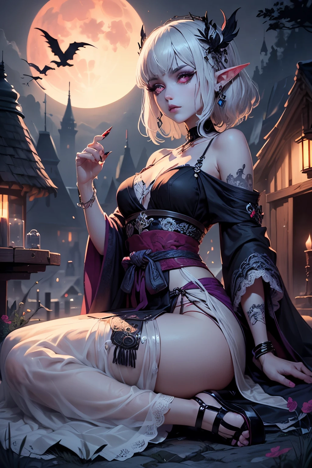 (Fusion of Ukiyo-e and dark fantasy. Gothic style digital art. Precise drawing of one thumb and four fingers.) BREAK
(White hair. Blunt bangs. White eyebrows. Long white eyelashes. Almond-shaped eyes. Lavender eyes. Dark, thick eyeliner. Small pink lips. Slightly pointy ears. Dark, dark purple skin. Thin limbs. Thin fingers. White fingernails.) BREAK
(Illustrated from an oblique viewpoint looking down. This world represents the world of the Dracula legend, set in medieval Romania. A female vampire hunter, a dark elf, is in front of a gypsy carriage at her encampment, infusing sacred power with a silver dagger, cross and holy water in holy prayer. The opulent castle of Count Dracula, built on a steep rocky hill from the encampment, is illuminated by the red moon, creating an eerie atmosphere. In the encampment, white horses tethered to a fence are feeding on the wildflowers on the ground. A woman wears a choker adorned with colorful beads and red and blue jewels, a church-like tunic of gray linen, and a Turkish silk cloth elegantly wrapped around her waist. She wears a gray, thin, transparent organza skirt with a deep slit, laced sandals, and beaded bracelets and anklets around her wrists and ankles. She wears a beautifully colored bird feather headdress.)
