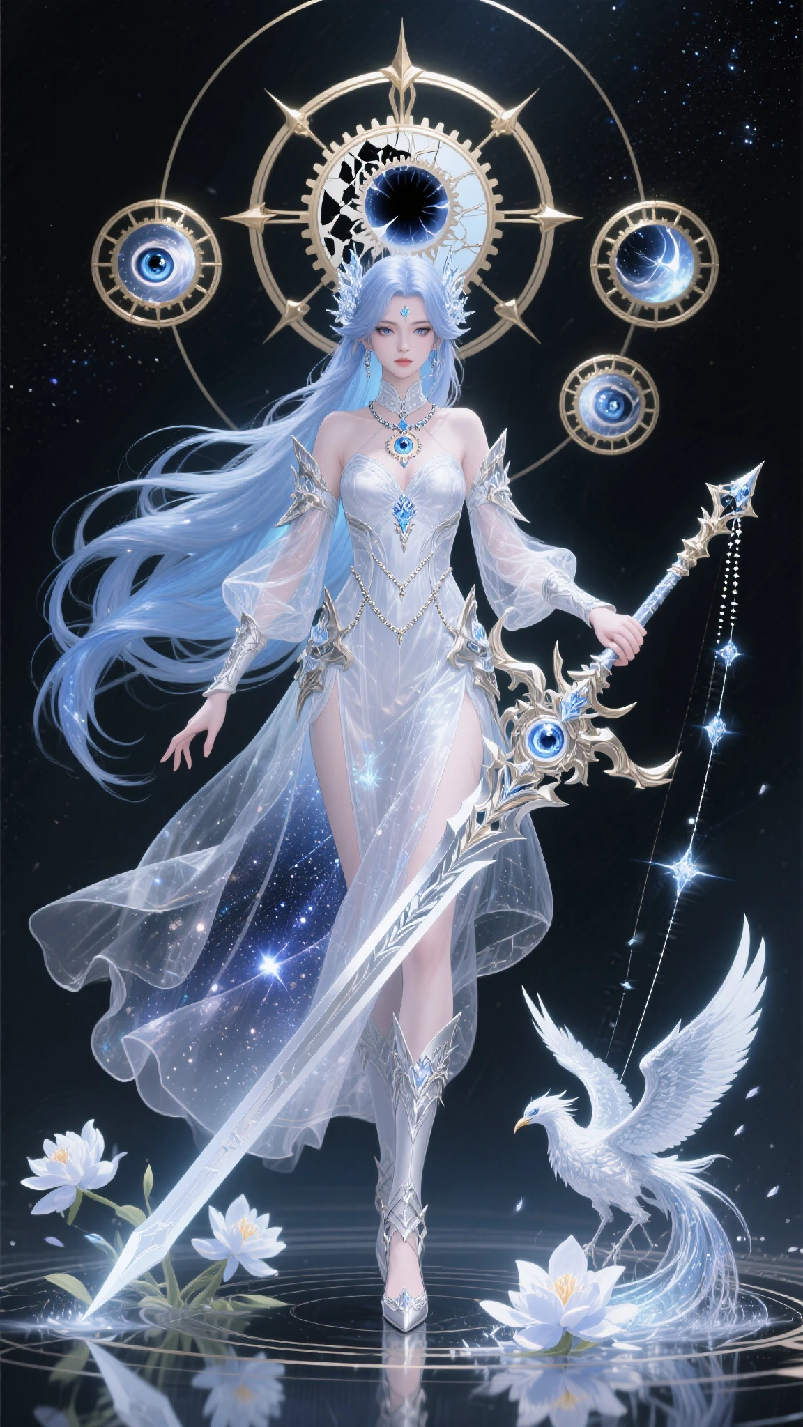 masterpiece, best quality, 1girl, standing model pose, dress, ulzzang, (PureErosFace_V1:0.7),absurdly hair,dynamic eyes,very long white curly hair,incredibly background,cute,Galaxy,
highly detailed,