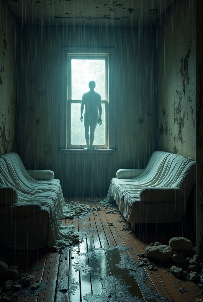 Suddenly, a screeching sound echoes through the bathroom as one of the windows is broken. a zombie, attracted by the sound of water, invades space. With pale, rotting skin, empty and hungry eyes, he moves in an uncoordinated manner, but with a frightening force.