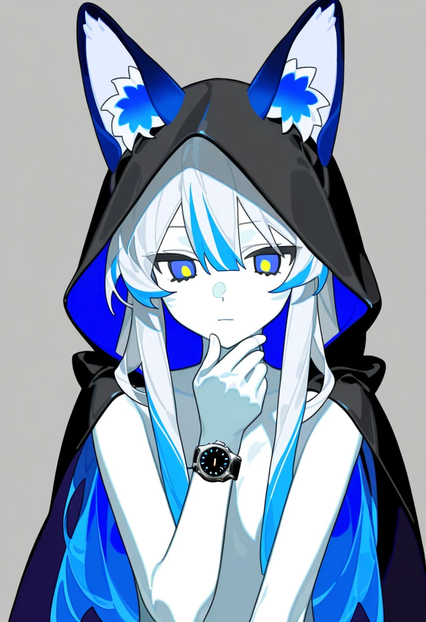 Snow fox(me), fur body, full body, earphones(color deep dark blue), deep dark blue(Snow fox), Neon(Snow fox), UWU, light(RGB), DJ, glow(light), 4 ear 2 tail, master piece, name(Snow), girl(young), jacket(deep dark blue), space time, soft, collar(star), flutty tail, character(Snow fox), 8K, long hair, winter(foggy), foggy(deep dark blue), thick fog, feeling(despair), cry, vampire, necklace, blood bag(eat), blood, young girl, bloody, 10 years