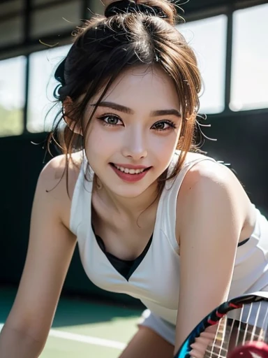 1 pretty girl,18 years old, white skinned,brown hair,looking at viewer, beautiful medium chest, France, pony tail, happy smile,pink stylish sexy bikini, lying on a blanket, dynamic, cherry tree