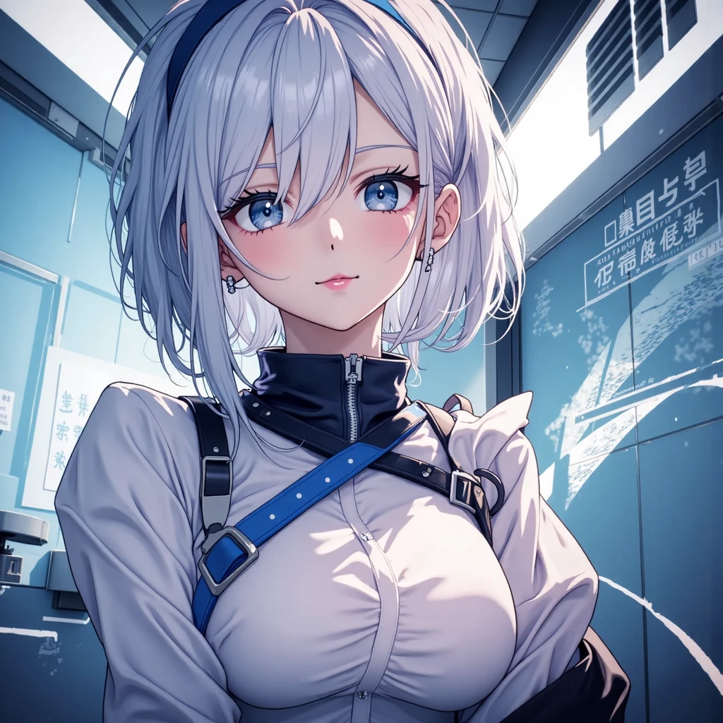 8k,masterpiece, bset quality,big, (1 girl), 2B, blue_eyes, white hair, short hair, professional lighting, (shiny skin: 1.2), shiny big, ((best quality)), sharp focus: 1.2, highly detailed face and skin texture, detailed eyes, perfect face, perfect body, blur art, cg, background, Big breasts, presence (20yo, mature cool and beautiful face), wearing ((blue skirt), white taut shirt, thigh), blush, (mittgal), random pose, top view, perfect eye, angry face, sakimichan art style