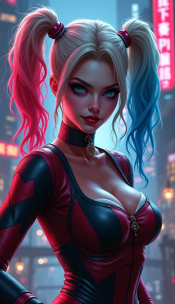 Obra de arte, Foto ultrafina, melhor qualidade, ultra high resolution, Fotorrealista, luz solar, retrato de corpo inteiro, inacreditavelmente lindo, dynamic poses, rosto delicado, olhos vibrantes, (vista lateral) , ela usa fantasia futurista do Batman, dc comics, seios grandes, decote, abaixo do peito, fundo muito detalhado, olhando para o espectador, 1girl, rosto detalhado, Maravilhoso, pele altamente detalhada, detalhe de pele realista, sharp focus, volumetric fog, 8k hd, DSLR, alta qualidade, film grain, Pele clara, fotorrealismo, Lomografia, visto de cima, translucent, night, futurista, luzes neon, cyberpunk, neon sign, night city, STANDING rooftop, perfect eyes, perfect face, Harley Quinn standing, Retrato de Arlequina, posing sexy on abandoned factory, perfect slim body, Harley quinn from batman comic series, beautiful face, red lips, very long twin tails hairstyle with side bangs, very pale skin, prison setting, posing with provocative and defiant gaze, vista de cima