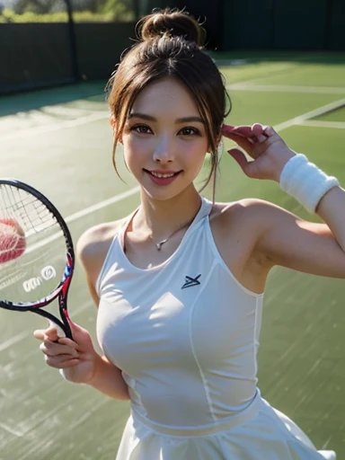 a lot of details, (slender waist), 30 years old, detailed black hair, beautiful detailed hair, super fucking beautiful, complex details beautiful and delicate eyes, perfect hands, (small breasts best quality), perfect and delicate limbs, detailed skin, best quality, ultra-detailed,
gigantic scale,whole body,ground-level shot, look up, depthoffield, (enjoying tennis), flowing hair, hair blowing with the wind, cheerful grin,(tennis racket:1.2), (tennis wear:1.3), Tennis court,