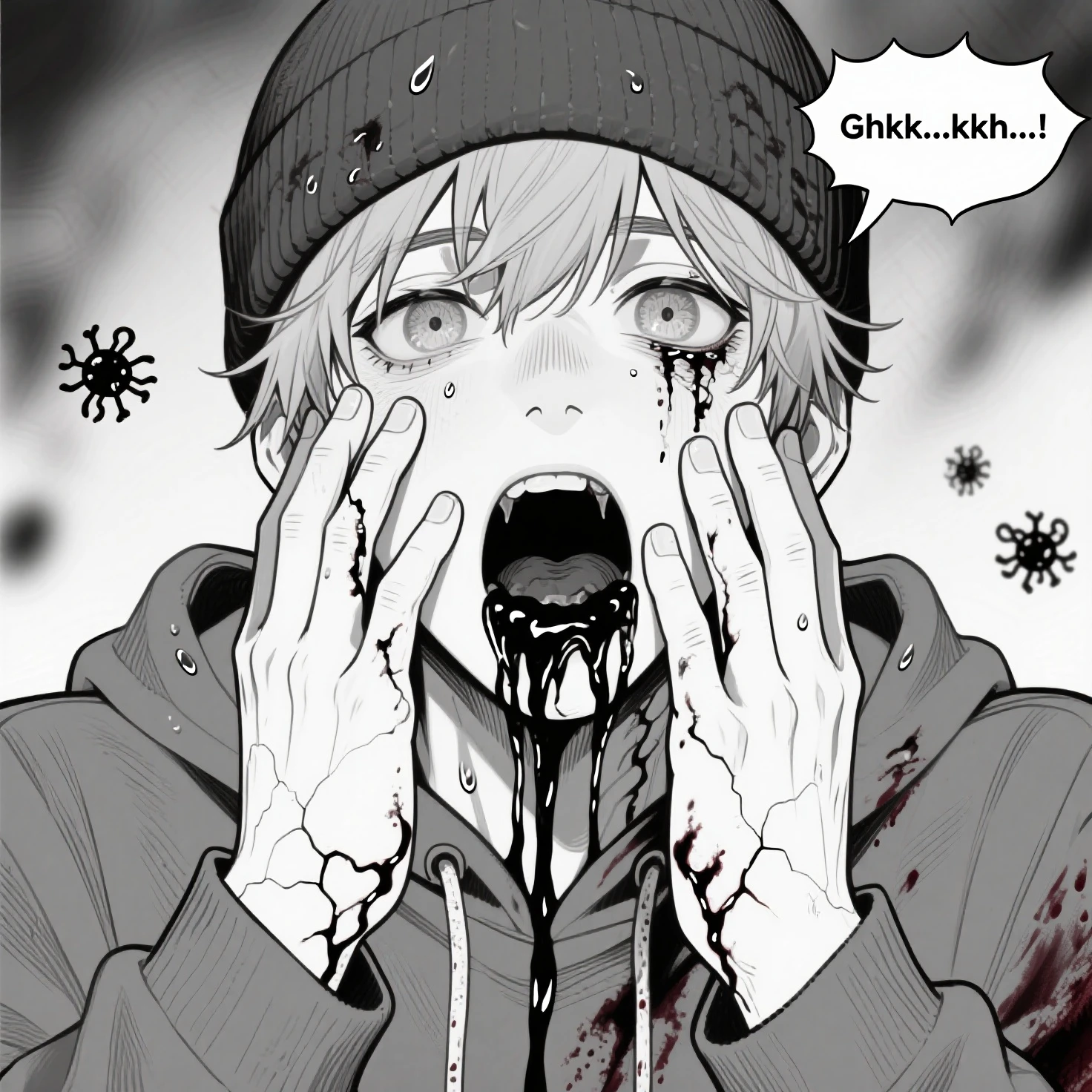 a man making a thumbnail face for YouTube screaming with excitement, his mouth is wide open , white and black and put impacts lines on his face to show his emotion