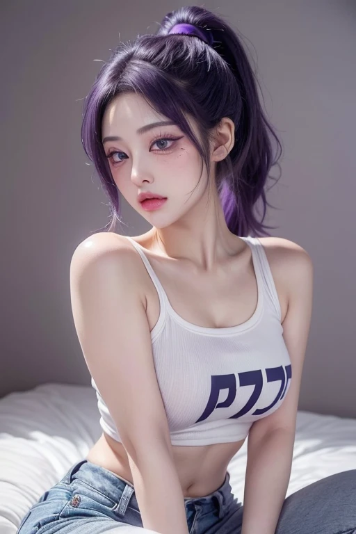 (Highly quality, highly resolutions, highly detailed, masterpiece), bed, dolphin shorts, striped swimsuit, tattoo, purple, pink, sports bra, 1girl, octane render, braids, nose ring, smirk, missionary, pov, 1boy, pov is a the boy (girl lying down, the boy mating the girl, splitting legs