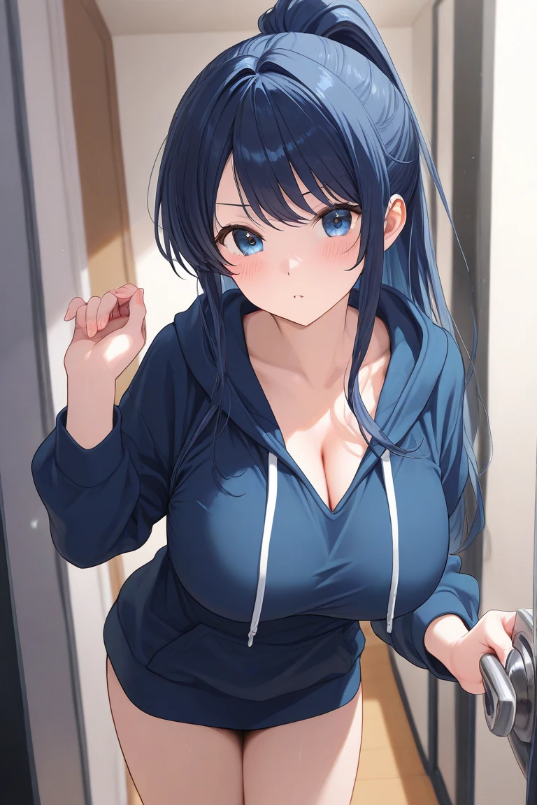 tall girl, big breasts,long hair,  shiny hair, blue eyes,hoodie,high detailed,dynamic pose, black hair, hair over one eye,mole under eyes,