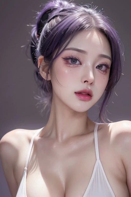 1 girl, 25 years old, south korean, 4k, masterpiece, realistic, realistic textures, frekles under eyes, long whavy black hair, purple fade hair, shining purple pupils, detailed pupils, red lips, red eyeliners, happy, big smile, closed mouth, sagging breasts, discovered breast, massive breast, sagging thin white shirt, multiple of frekles under eyes, detailed face, lying in bed, facing camera, bright colors, close up, face focus.