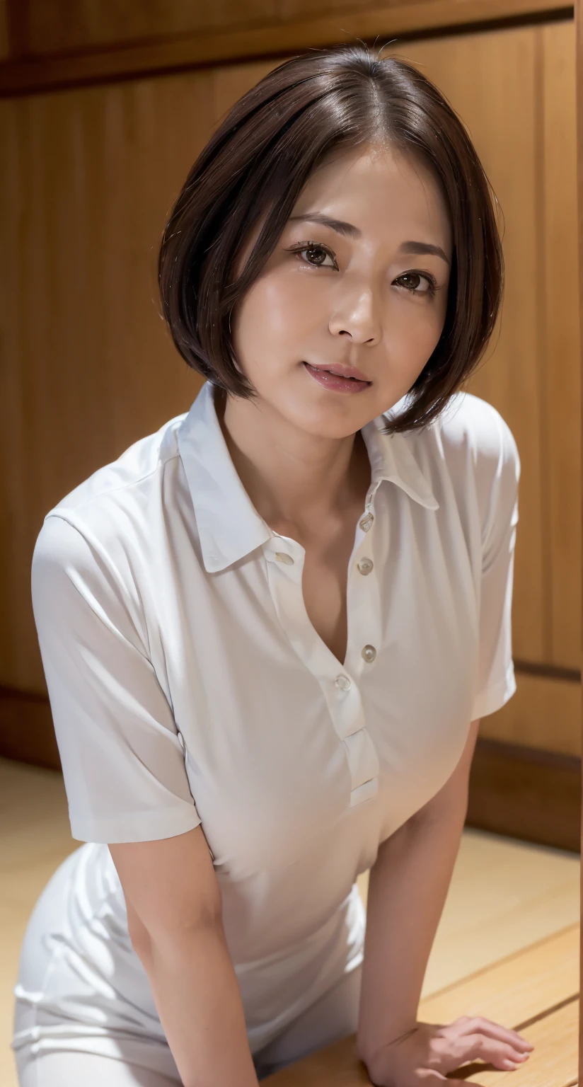top-quality, masterpiece, hight resolution, Photorealsitic, profetional lighting, ighly detailed, depth of fields, ((A beautiful mature)), ((30years old)), Female sexy, Classroom, ((white half sleeve shirt, pencil suit)), Detailed face, beautidful eyes, bangs, large breasts of good shape, Light Brown Straight Hair, makeup:0.1, ((look at the viewer, Serious)), cowboy shot, sharp,