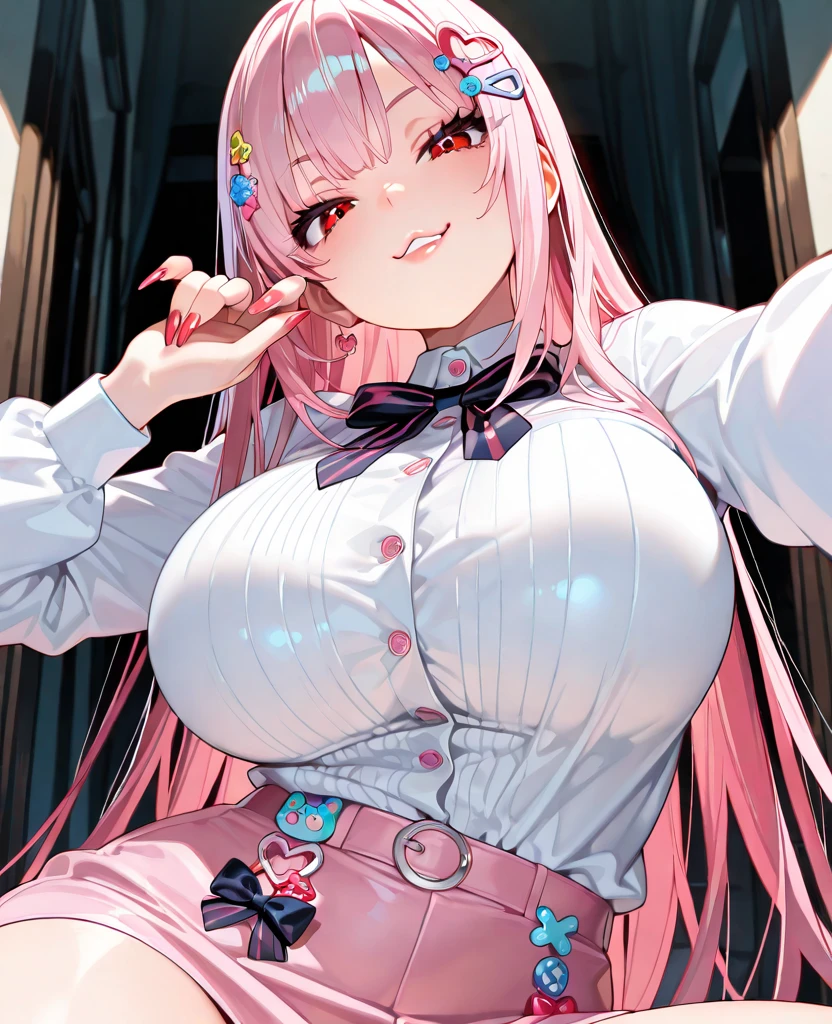 4k, twin tails ,Lens flare, pink hair ,mascara, eyeliner, god rays, 4k, 8k, best quality, masterpiece, hyper detailed, intricate detail, 1girl, solo, detailed, Detailed fuschia hair ++, detailed pink eyes ++, raytracing, perfect shadow, highres, enhanced eyes, huge , horns, pink galaxy eyes, huge ass, bo, massive ass, on theb, panties, whittop, bedroom