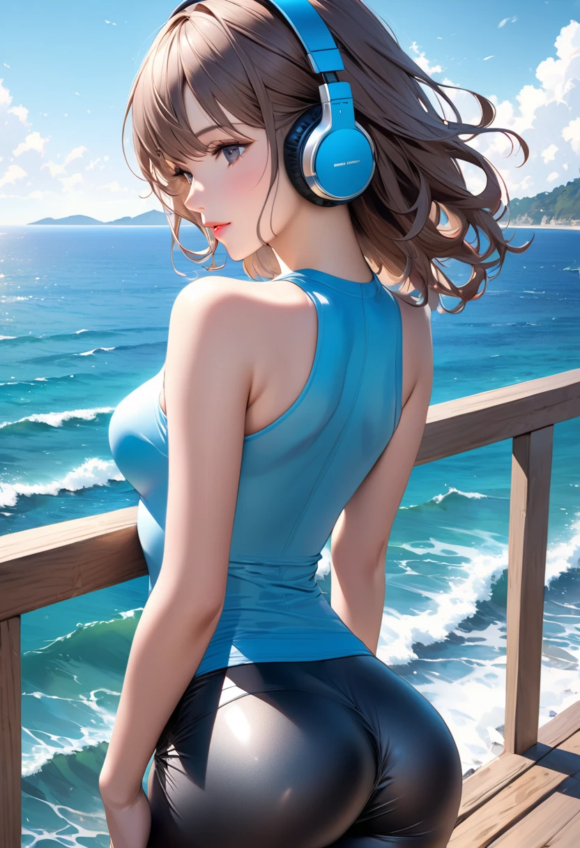 ((Top Quality)), ((Masterpiece)), ((Details)), perfect face, perfect body, sitting on the swimming pool, listening to music, wearing headphones, wearing swimsuit, swimsuit transparent, tight with buttocks and breasts exposed Woman with clothes on and face visible