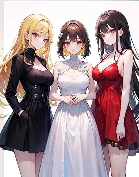 Three women, white and beautiful, wearing black stockings, room background, wearing red dresses, busts
