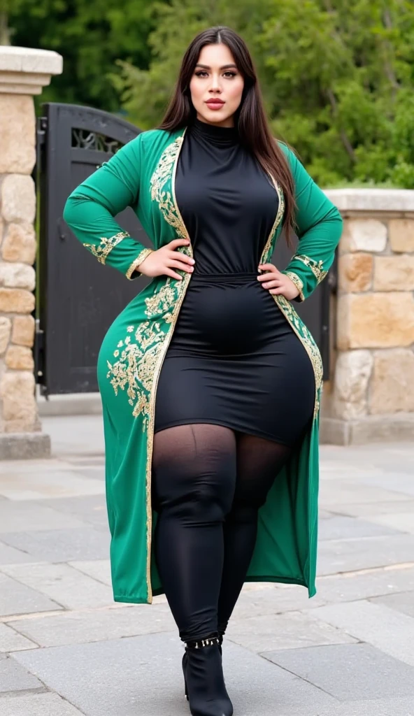 1 malay girl, modern plain hijab, shy, medium portrait, watery eyes, wearing dark green kebaya, ((big breasts)), black bokeh background, well-proportioned body,, chubby massive thighs, full body pose, wearing a necklace , wearing 10 bracelet , wearing a sneaker