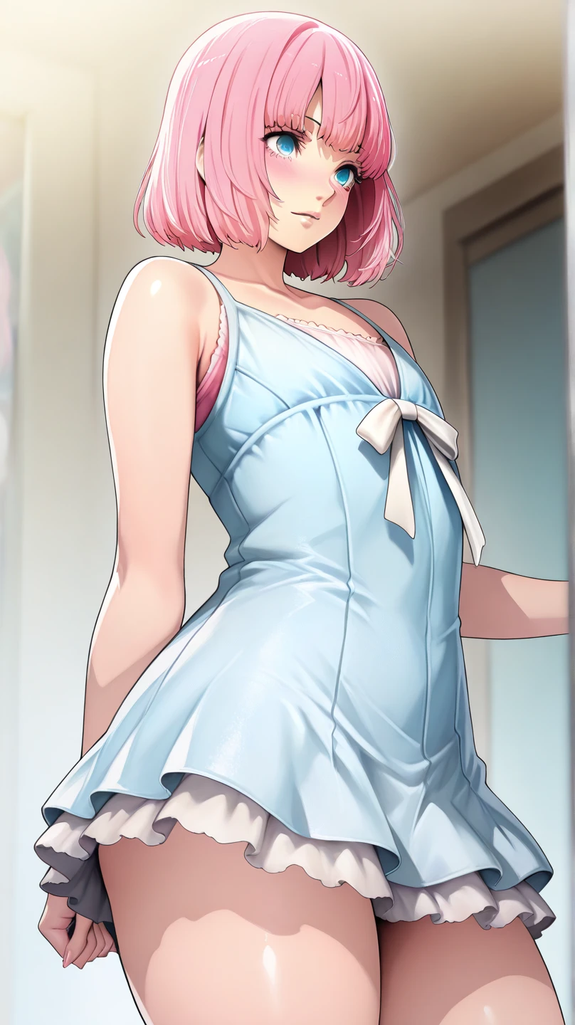 ((Highest quality、masterpiece、anime style、best quality、high resolution、8k、detailed、ultra-detailed:1.3))、Long legs、Sharp focus:1.2, Beautiful woman with perfect figure:1.4、(Smiling:1.2), double eyelid、30-year-old female、Sexy pose、((((Close your mouth、One Woman、negligee:1.5))))、Her hairstyle is long and permed.、Hairstyle: vertical rolls、bedroom、夜、ベッドに横たわる
