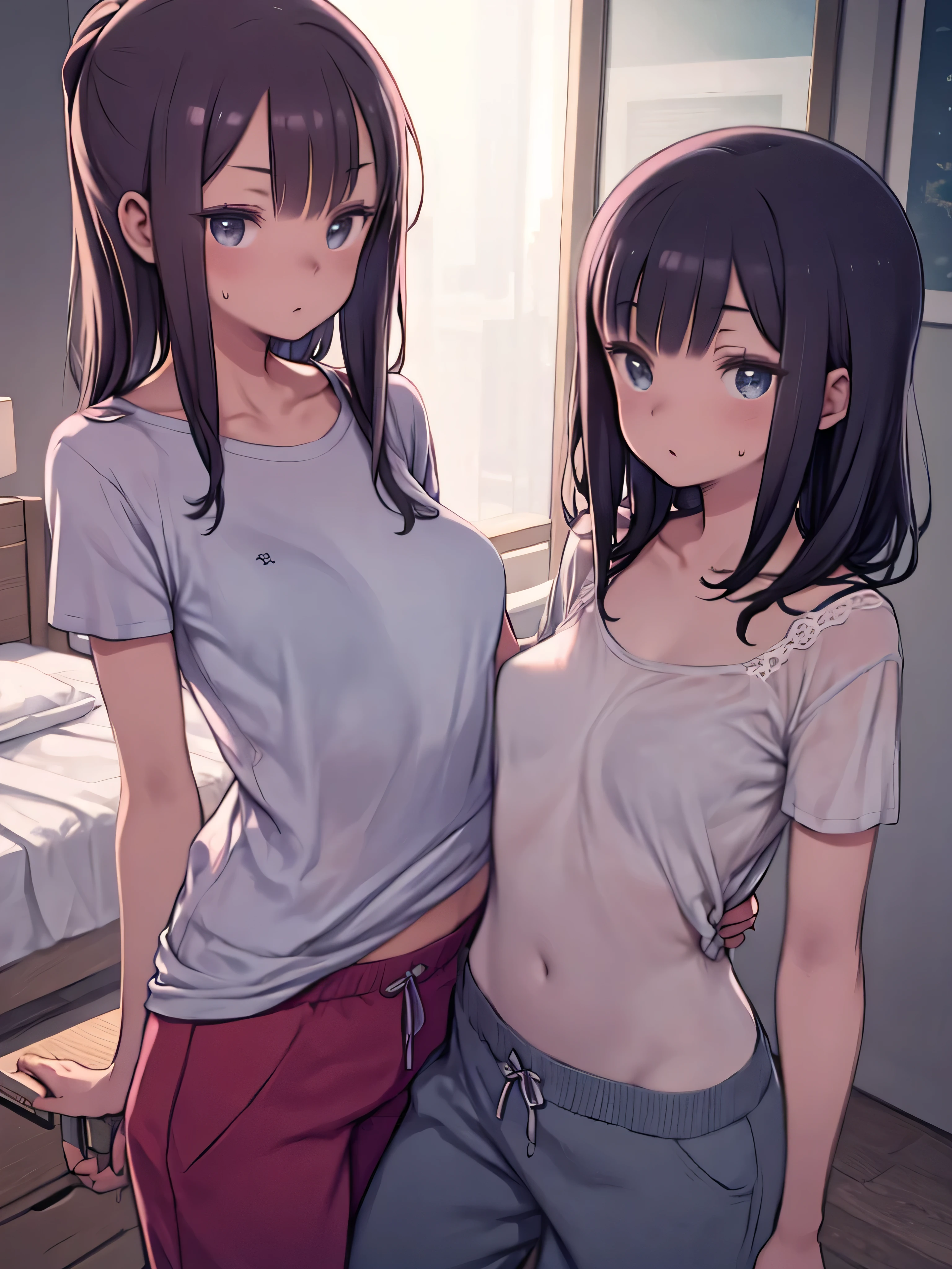 ((masterpiece, best quality, ultra quality, high quality, hyper detailed, intricate detailed, perfect anatomy, shiny skin)), ((upper body:1.2)), (three women are posing for a camera:1.4), (indoors, bed, pillow:1.2), (Lift up your camisole), (full nude:1.4), (smile, shy, red cheek, blush:1.2), (Open your mouth:1.6), (Stand in line) , brown hair, blond hair, navel, jewelry, looking at viewer, necklace, long hair, short hair, Abdominal muscles, straight hair, bob cut, blunt bangs, silky hair, hair clip, hair band, hair ribbon, one-length haircut, ducktail, outward curled hair, French twist hair, twintails, side ponytail, single braid, wavy hair,