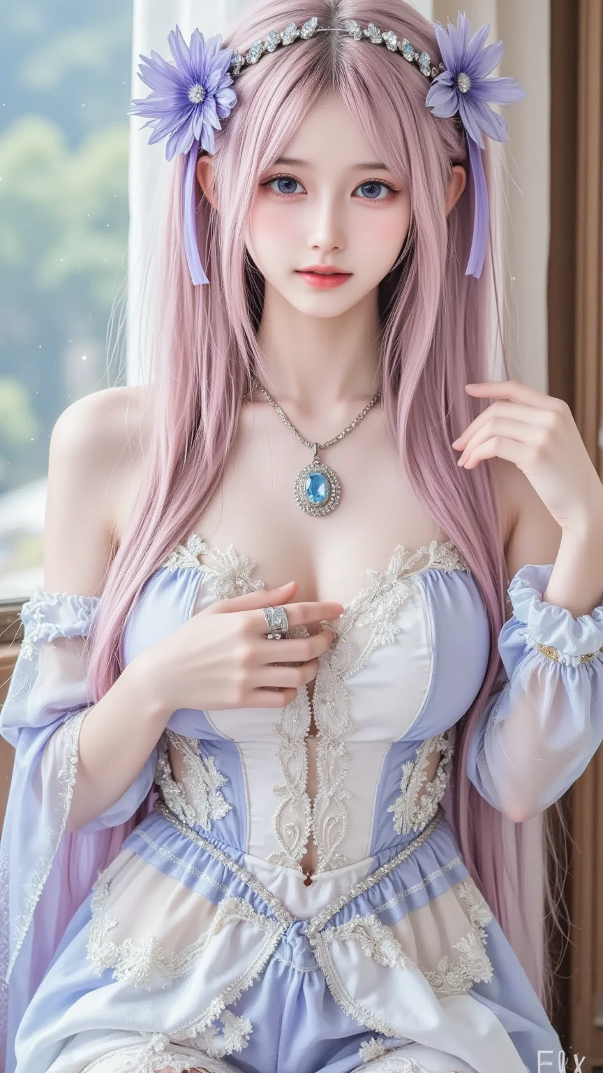 nsfw, sexy stylish Swedish model, only 1 female, ((doll-like appearance)), long neon pink stylish hair, ((shiny Victorian-Style boots)), beautiful smile, ultra detailed eyes, vivid eye makeup, lipgloss, long lashes, defined eyebrows, (medium naked breasts), ((sexy Paradise Kiss cosplay)), (naked aroused open pussy), bell-shaped skirt, petticoats, high neckline, puffed sleeves, (( ultra detailed lace)), ((ultra detailed embroidery)), intricate details, Paradise Kiss accessoires and matching headpiece, choker, ((large sparkling Paradise Kiss jewelry)), cinematic light, detailed large park background with trees