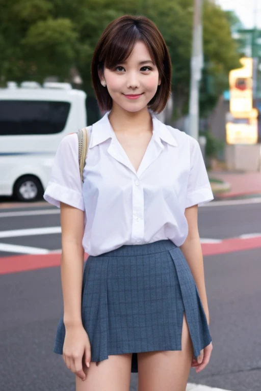 perfect Ratio Face, Balanced eyes, double eyelid,japanese girl,17yr,round face, Beautiful nasal muscles lipgloss,Balanced style,shorthair with bangs,smile,open dress shirt,fluorescent green underwear,undersize panties,gray color skirt,wearing watch on rist,in kindergarten